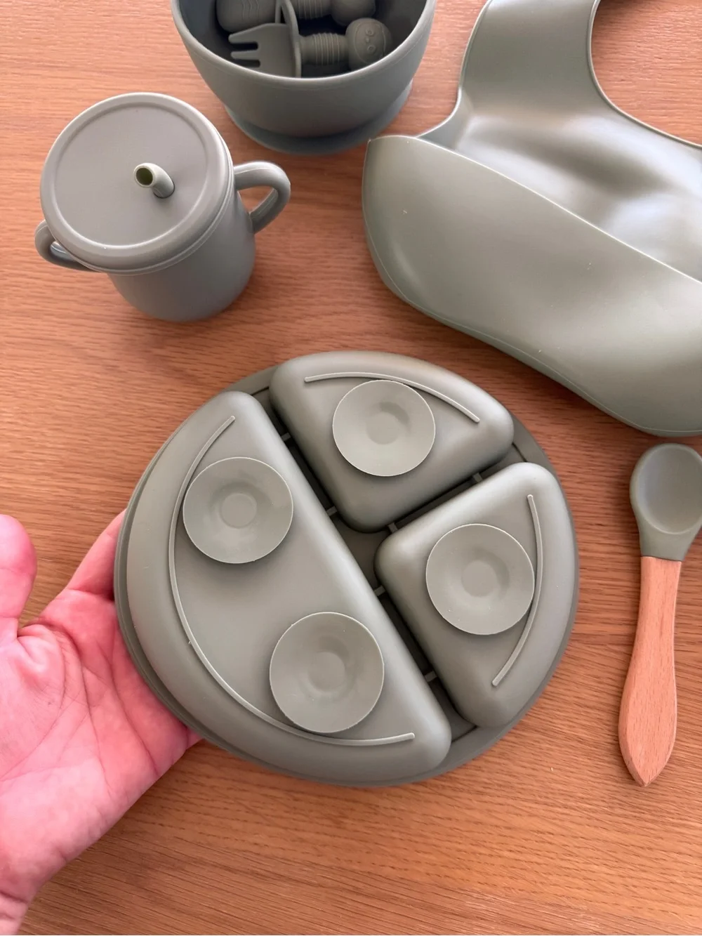 Silicone Baby Feeding Set with Bib and Divided Plate — Sage